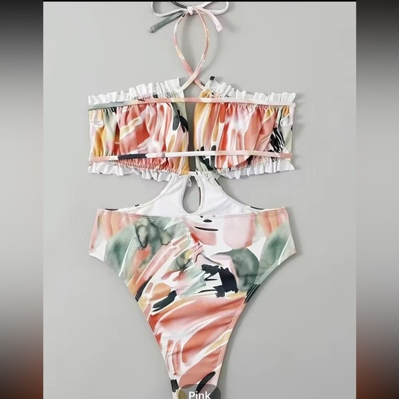 Painting Abstract Floral Side Cut-Out One-Piece Swimsuit Beachwear - Picture 4 of 7